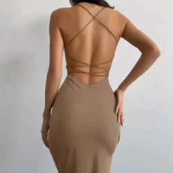 🤎 Vestido de crucetas en la espalda — Caqui
