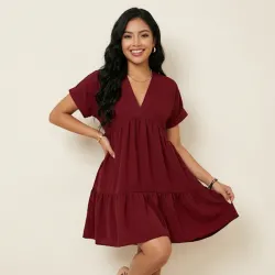 ❤️ Vestido corto de mangas — Burdeos