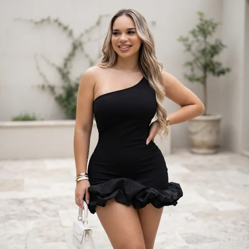 🖤 Vestido.corto un hombro vuelo bajo — Negro