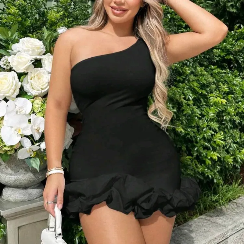 🖤 Vestido.corto un hombro vuelo bajo — Negro