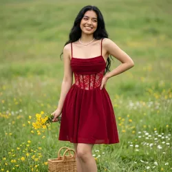 Vestido d mujer plisado rojo vino