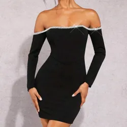 🖤 Vestido de mangas largas hombros afuera — Negro