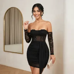 🖤 Vestido de mangas largas y encajes — Negro