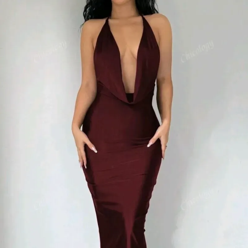 ❤️ Vestido largo halter drapeado — Burdeos 