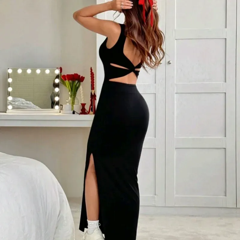 🖤 Vestido largo con torcido en la espalda — Negro