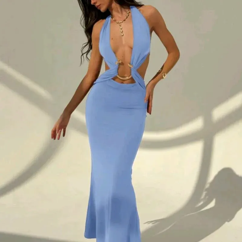 💙 Vestido largo con escote — Azul