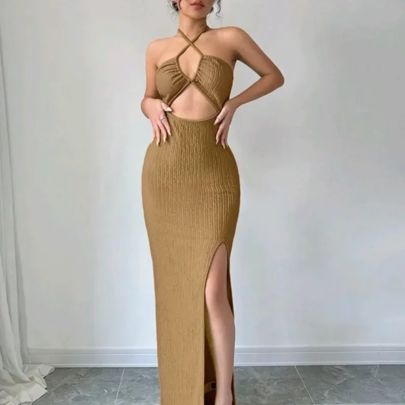 🤎 Vestido largo escote delantero — Beige