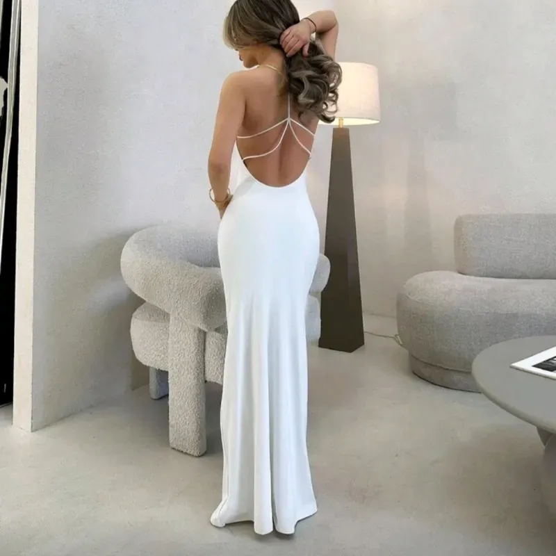 Vestido largo blanco escote sexy en espalda