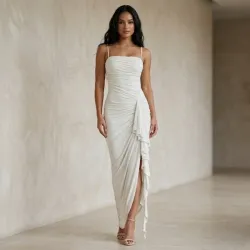 🤍 Vestido largo fruncido — Blanco