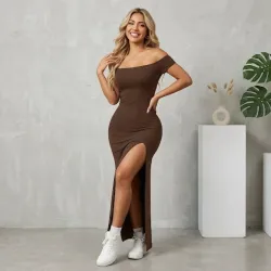 🤎 Vestido largo de apertura en la pierna — Marrón Chocolate 