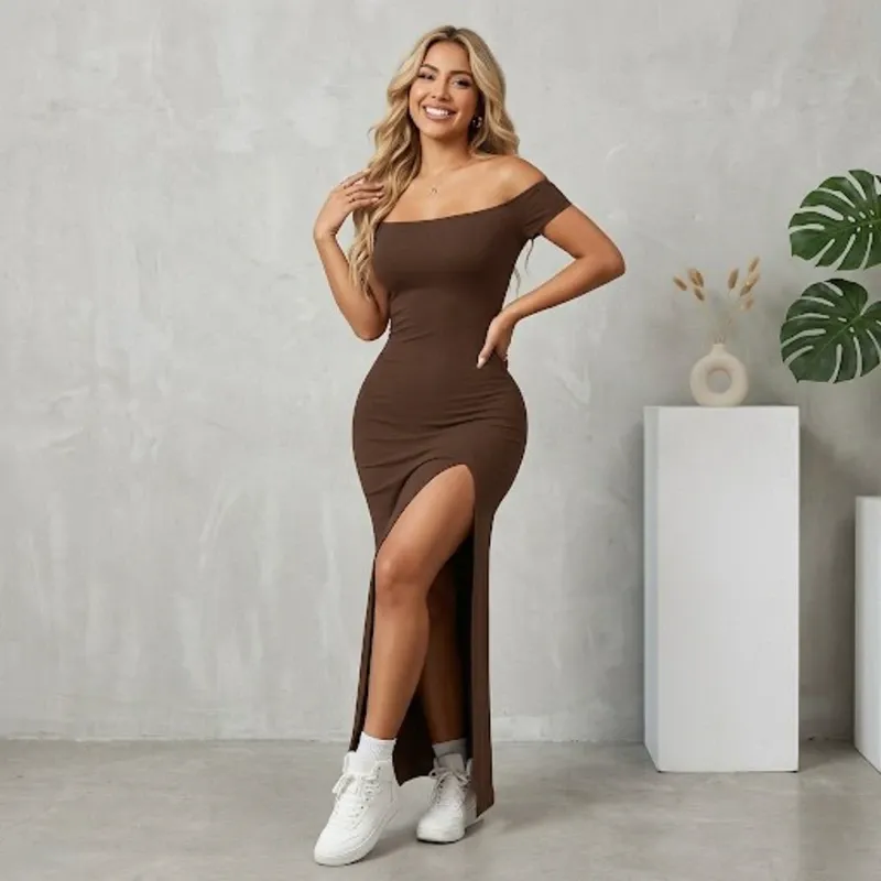 🤎 Vestido largo de apertura en la pierna — Marrón Chocolate