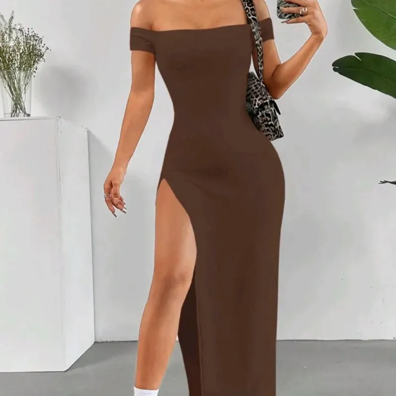 🤎 Vestido largo de apertura en la pierna — Marrón Chocolate 