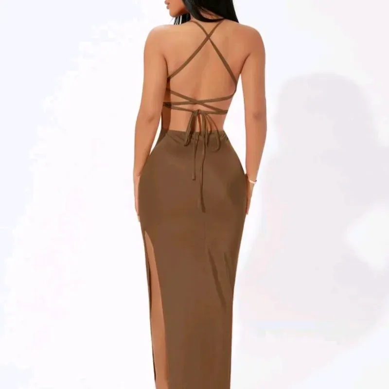 🤎 Vestido largo de crucetas en la espalda — Marrón Chocolate