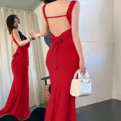 ❤️ Vestido largo cola de sirena con laso — Rojo