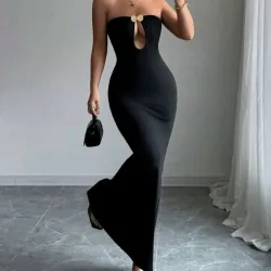 🖤 Vestido largo con conchas doradas — Negro