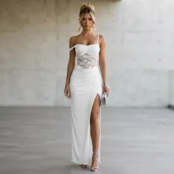 🤍 Vestido largo con encaje — Blanco