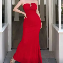 ❤️ Vestido largo con escote en V — Rojo