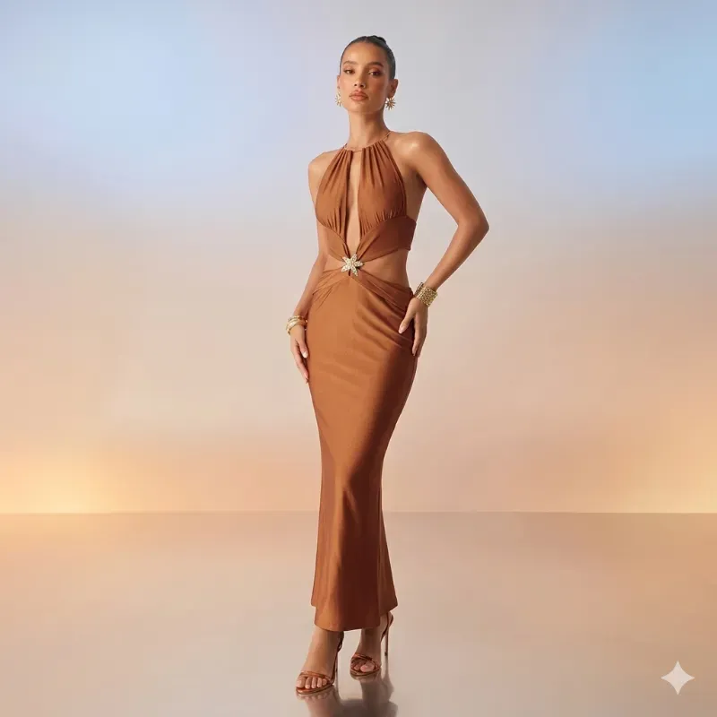 🧡 Vestido largo con escote halter — Naranja Oxidada