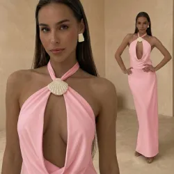 🩷 Vestido largo con escote profundo — Rosado