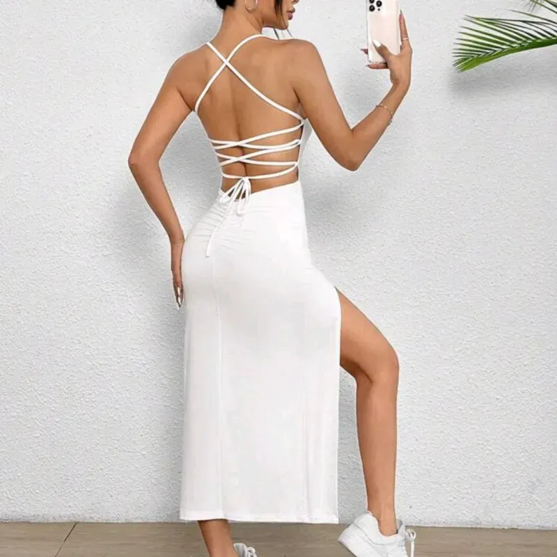 🤍 Vestido largo crucetas en la espalda — Blanco