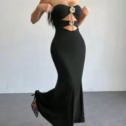 🖤 Vestido largo d fiesta adornos dorados — Negro