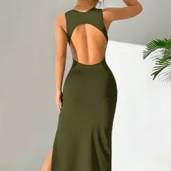 💚 Vestido largo de abertura en la espalda — Verde Militar 