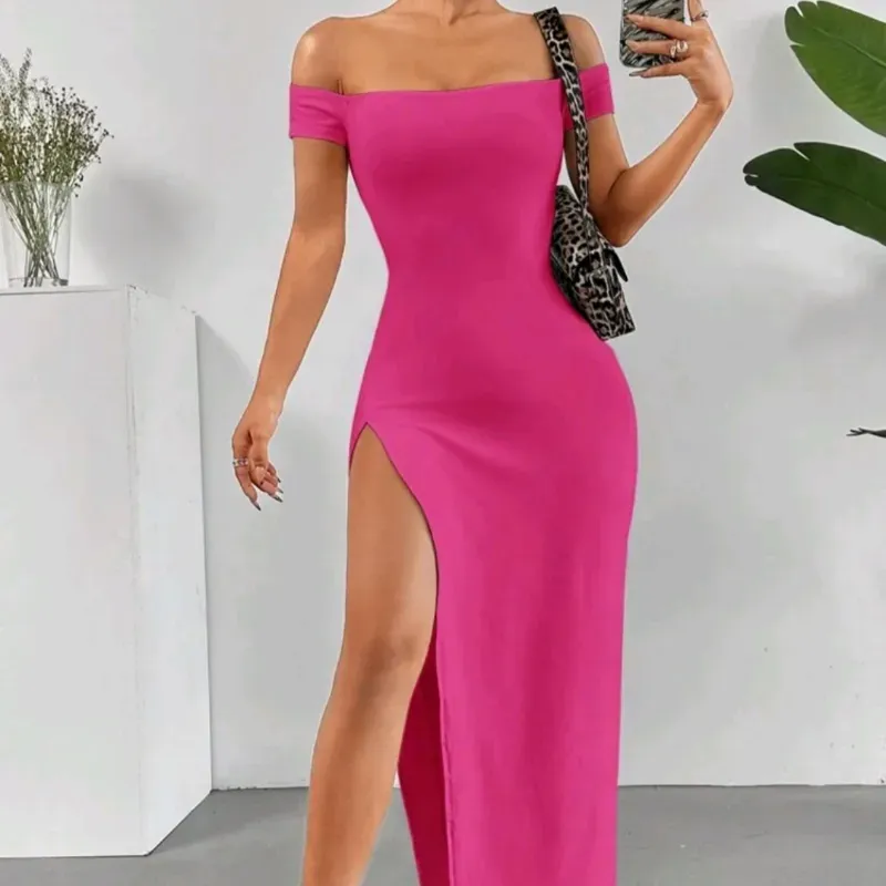 🩷 Vestido largo de abertura en la pierna — Rosado 