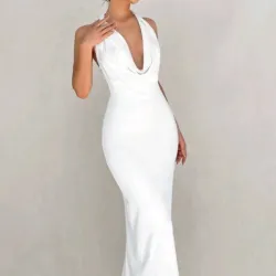 🤍 Vestido largo de espalda afuera y drapeado — Blanco