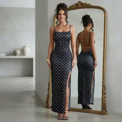 🖤 Vestido largo de lunares — Negro