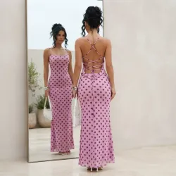 🩷 Vestido largo de lunares — Rosado