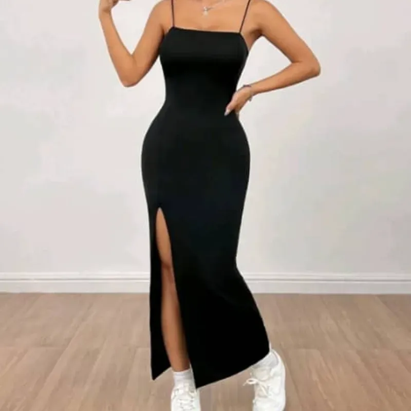 🖤 Vestido largo de tirantes y abertura en la pierna — Negro