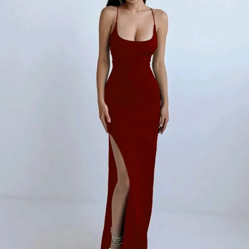 ❤️ Vestido largo elásticos cruzados en la espalda — Burdeos 