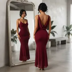 ❤️ Vestido largo espalda drapeada — Burdeos