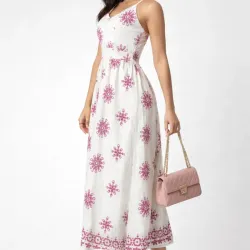 🤎🩷 Vestido largo estampado — Beige/Rosado