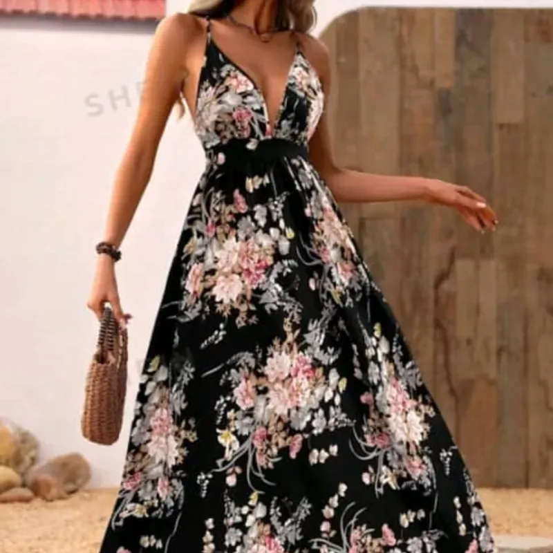 🖤 Vestido largo estampado floral — Negro