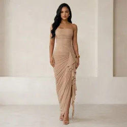 🤎 Vestido largo fruncido — Caqui