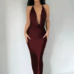 ❤️ Vestido largo halter drapeado — Burdeos