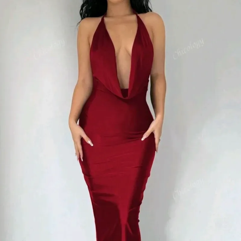 ❤️ Vestido largo halter drapeado — Rojo