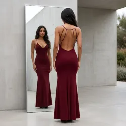 ❤️ Vestido largo escote en la espalda — Burdeos 