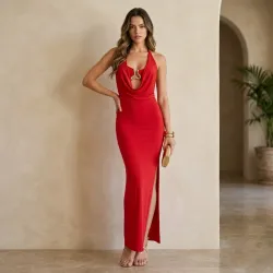 ❤️ Vestido largo escote profundo pieza dorada — Rojo