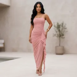 🩷 Vestido largo fruncido — Rosado