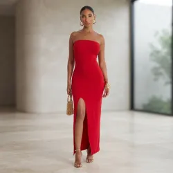❤️ Vestido largo sin tirantes — Rojo