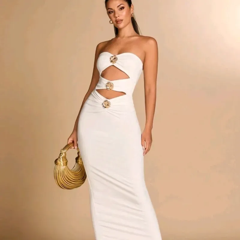 Vestido largo top blanco adorno dorado