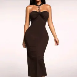 🤎 Vestido midi con adorno dorado - Carmelita