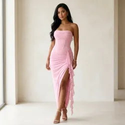 🩷 Vestido largo fruncido — Rosado 