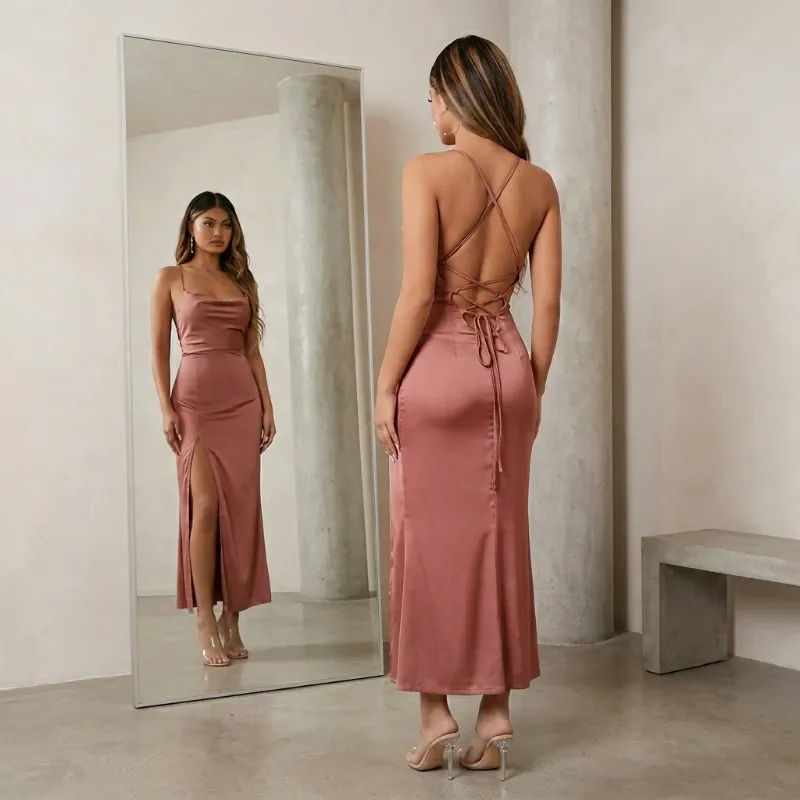 🩷 Vestido de satín con crucetas en la espalda — Rosa Vieja