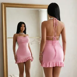 🩷 Vestido de espalda afuera y vuelo — Rosado