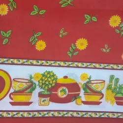Tela cocina fondo rojo cenefa vajilla