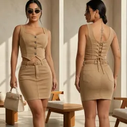 Conjunto de blusa tipo corset y saya con cinto