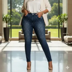 Pantalón de Tiro Alto con Pedrería degradada